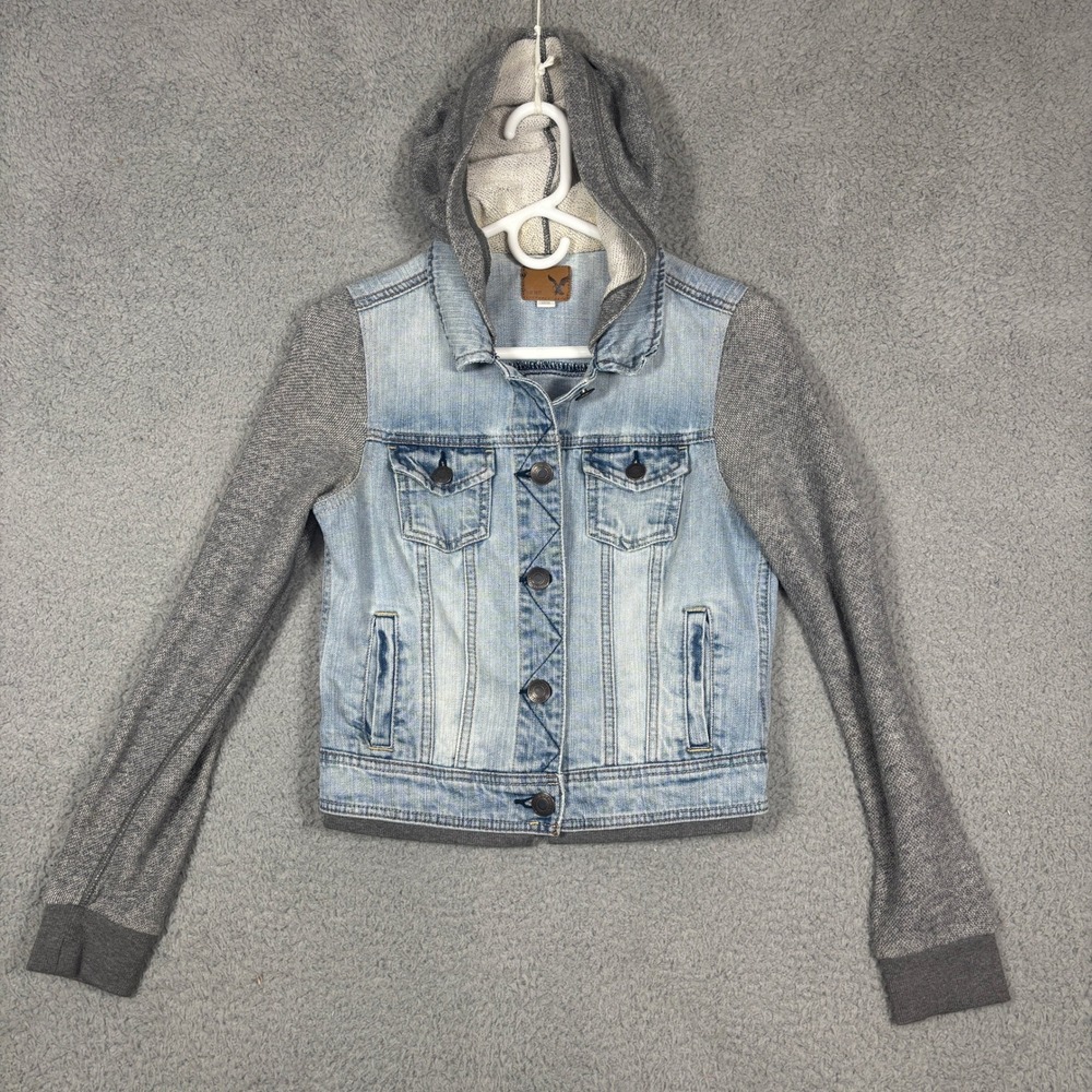 American Eagle Denim Jacket Women S Blue Gray Knit Sleeve Hooded Hybrid Trucker